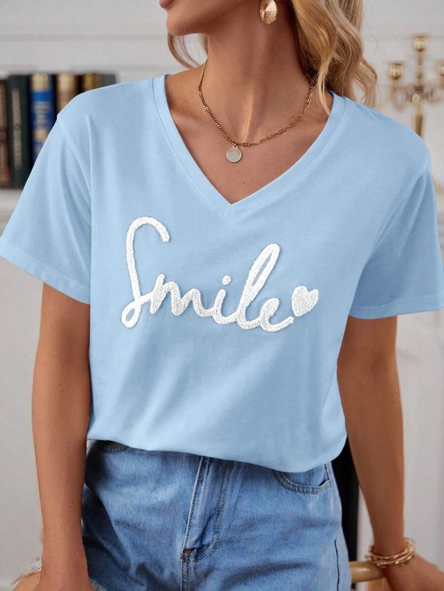 SHEIN Frenchy Áo thun nữ Tim Lá thư Giải trí - Màu xanh nhạt - Xem 1