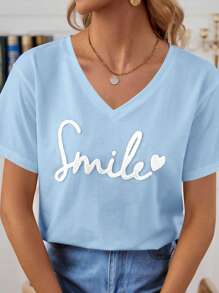 SHEIN Frenchy Áo thun nữ Tim Lá thư Giải trí - Màu xanh nhạt - Xem 2