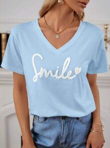 SHEIN Frenchy Áo thun nữ Tim Lá thư Giải trí - Màu xanh nhạt - Xem 3