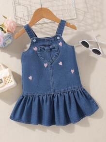 Baby Heart Embroidery Ruffle Hem Denim Dress - Medium Wash - View 1
