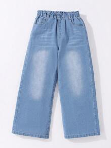 SHEIN 少女休闲波西米亚风假日平底阔腿牛仔裤，腰部平坦，口袋设计，日常穿着 - 中等水洗藍 - 查看 3