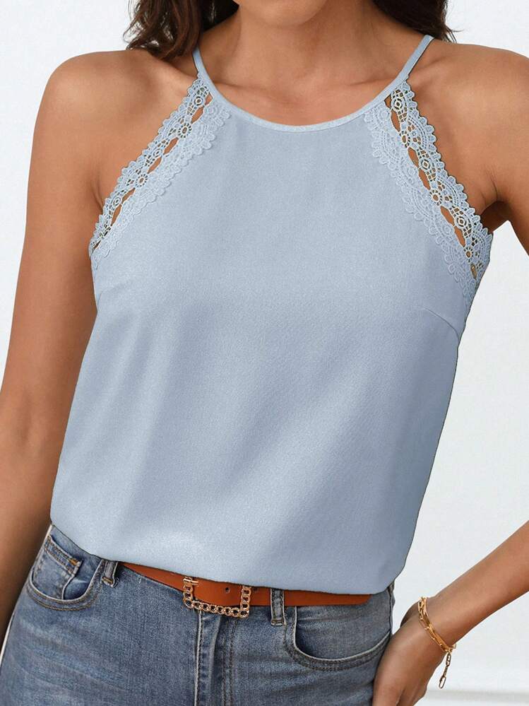 SHEIN Frenchy Guipure Lace Panel Tie Back Halter Top - Dusty Blue - View 2