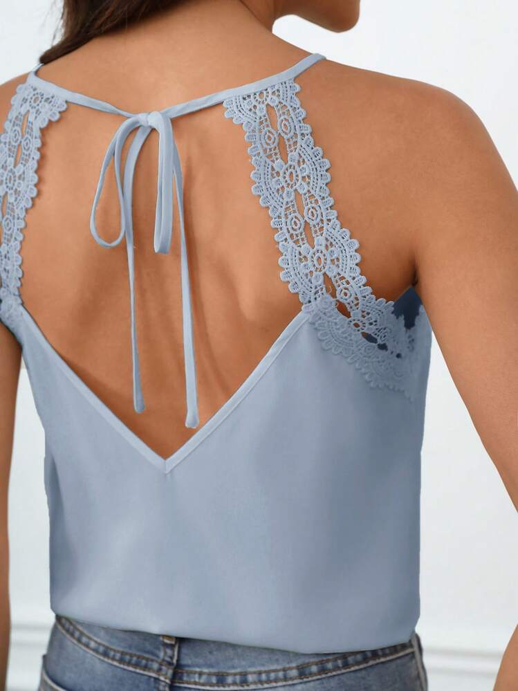 SHEIN Frenchy Guipure Lace Panel Tie Back Halter Top - Dusty Blue - View 3