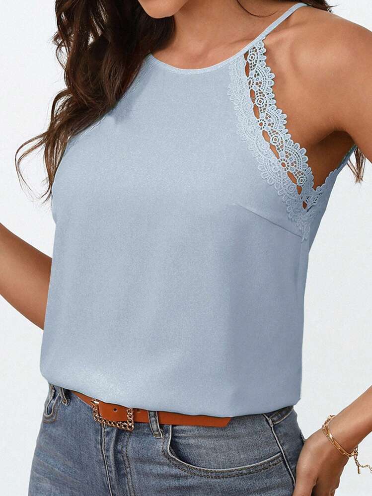 SHEIN Frenchy Guipure Lace Panel Tie Back Halter Top - Dusty Blue - View 4