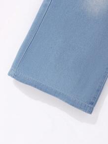 SHEIN 少女休闲波西米亚风假日平底阔腿牛仔裤，腰部平坦，口袋设计，日常穿着 - 中等水洗藍 - 查看 5