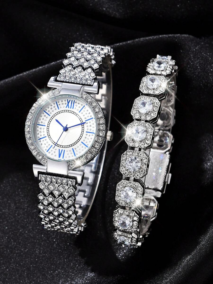 1入組女士銀色水鑽裝飾鋅合金錶帶迷人圓形錶盤石英手錶和1入組鍊式手鍊，適合派對 - 銀色 - 查看 1