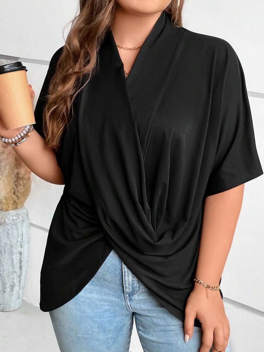 SHEIN LUNE Plus Crossover Batwing Sleeve Tee - Black - View 1