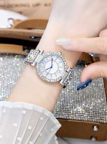 1入組女士銀色水鑽裝飾鋅合金錶帶迷人圓形錶盤石英手錶和1入組鍊式手鍊，適合派對 - 銀色 - 查看 2