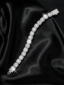 1入組女士銀色水鑽裝飾鋅合金錶帶迷人圓形錶盤石英手錶和1入組鍊式手鍊，適合派對 - 銀色 - 查看 4