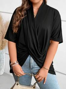 SHEIN LUNE Plus Crossover Batwing Sleeve Tee - Black - View 5