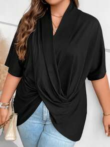 SHEIN LUNE Plus Crossover Batwing Sleeve Tee - Black - View 6