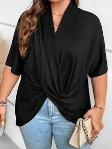 SHEIN LUNE Plus Crossover Batwing Sleeve Tee - Black - View 7