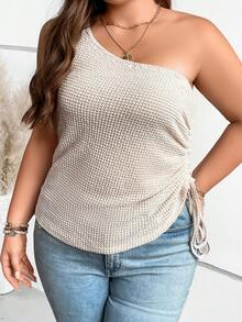 SHEIN Unity 休閒抽繩 褶邊純色大碼女士上衣 - 米色 - 查看 4