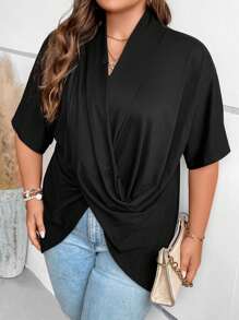 SHEIN LUNE Plus Crossover Batwing Sleeve Tee - Black - View 8