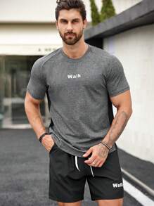 SHEIN Daily&Casual Men Letter Graphic Sports Tee & Drawstring Waist Shorts, Athletic Suit, Tracksuit - Multicolor - View 3