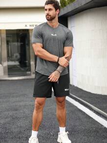 SHEIN Daily&Casual Men Letter Graphic Sports Tee & Drawstring Waist Shorts, Athletic Suit, Tracksuit - Multicolor - View 5