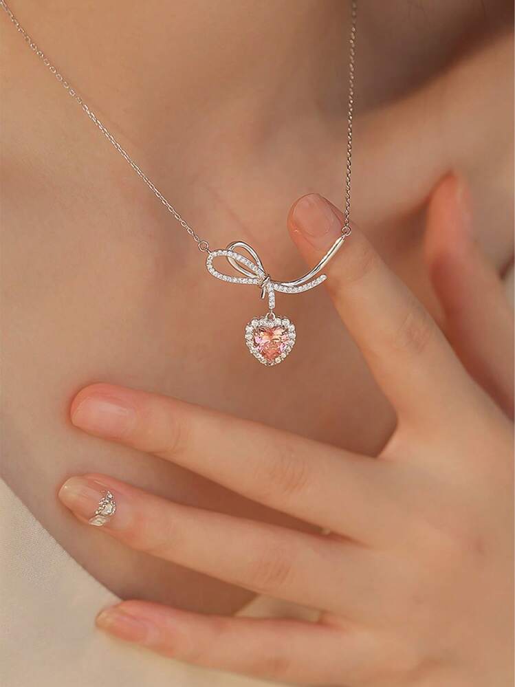 1pc Exquisite Cubic Zirconia Bow & Heart Charm Necklace For Women For Gift - Silver - View 1