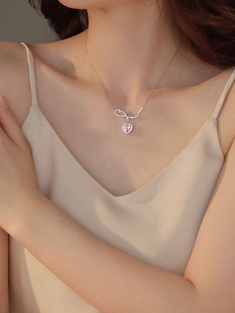 1pc Exquisite Cubic Zirconia Bow & Heart Charm Necklace For Women For Gift - Silver - View 2