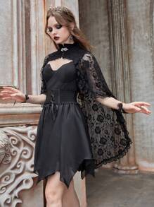 ROMWE Goth Contrast Lace Cloak Sleeve Mesh Top - Black - View 3