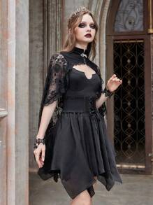 ROMWE Goth Contrast Lace Cloak Sleeve Mesh Top - Black - View 6