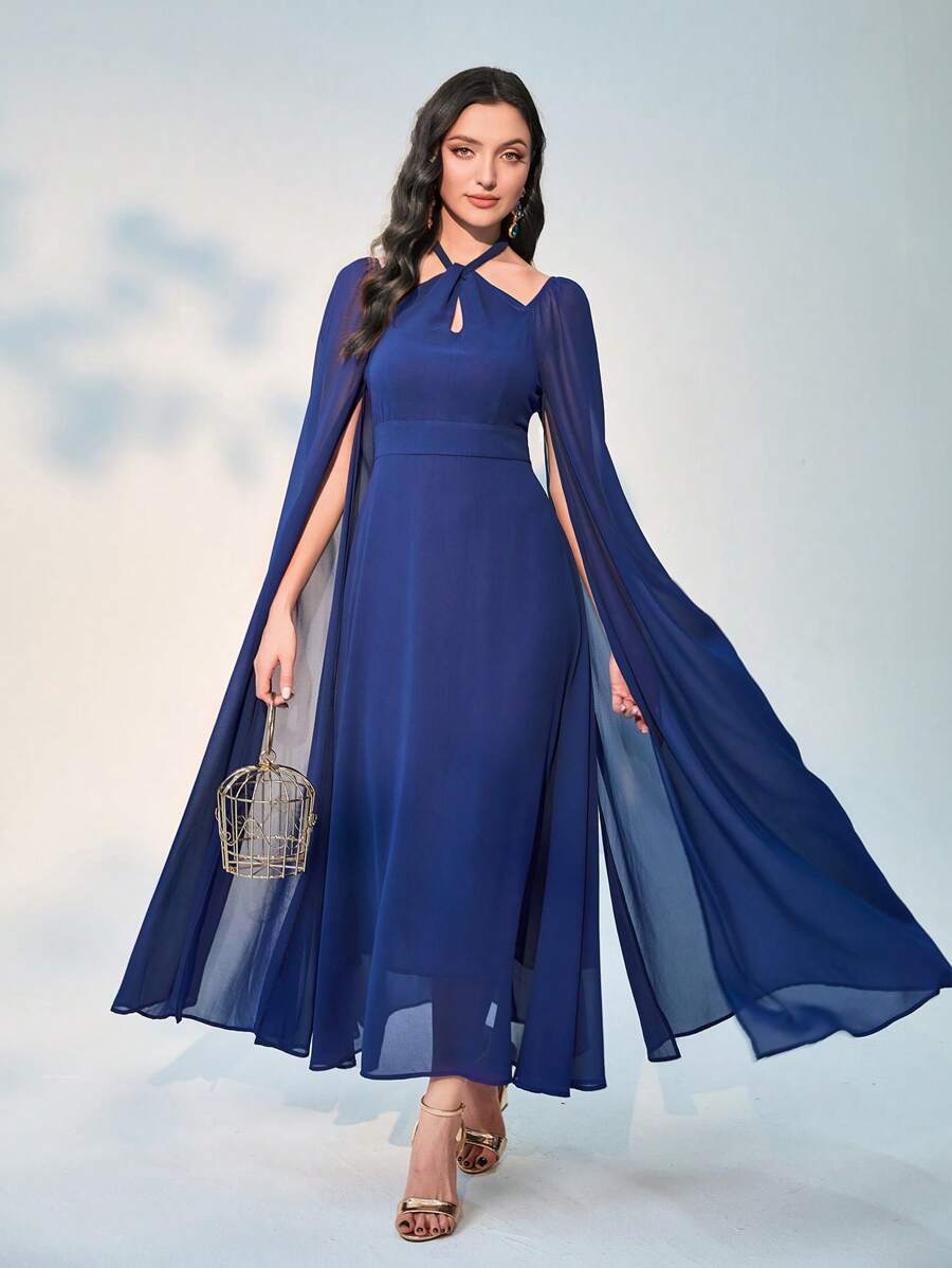 Modelyn 斗篷袖繞頸雪紡連衣裙 - 藏蓝色 - 查看 1