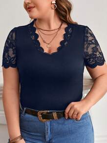 SHEIN Frenchy Plus Contrast Lace Scallop Trim Tee - Navy Blue - View 1