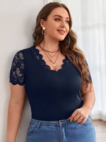 SHEIN Frenchy Plus Contrast Lace Scallop Trim Tee - Navy Blue - View 4
