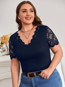 SHEIN Frenchy Plus Contrast Lace Scallop Trim Tee - Navy Blue - View 5