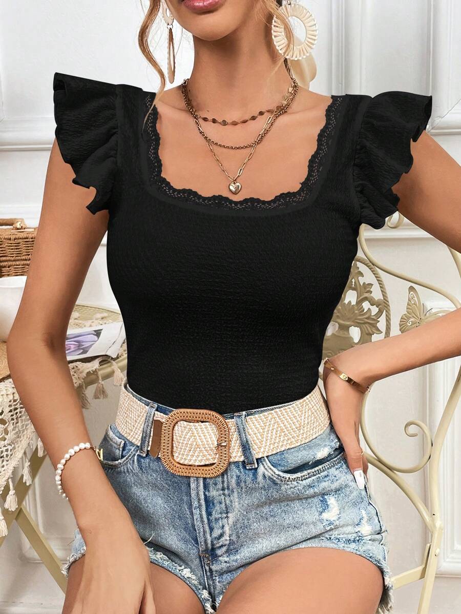 SHEIN Privé Áo thun nữ Tương phản ren Xù màu trơn Giải trí - màu đen - Xem 1