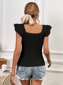 SHEIN Privé Áo thun nữ Tương phản ren Xù màu trơn Giải trí - màu đen - Xem 2