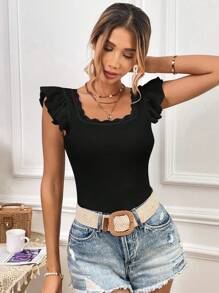 SHEIN Privé Áo thun nữ Tương phản ren Xù màu trơn Giải trí - màu đen - Xem 3