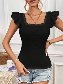 SHEIN Privé Áo thun nữ Tương phản ren Xù màu trơn Giải trí - màu đen - Xem 6