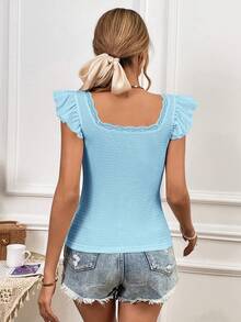 SHEIN Privé Contrast Lace Ruffle Trim Square Neck Butterfly Sleeve Tee - Baby Blue - View 2