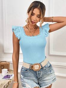 SHEIN Privé Contrast Lace Ruffle Trim Square Neck Butterfly Sleeve Tee - Baby Blue - View 3