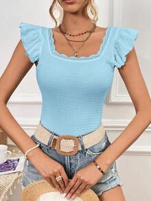 SHEIN Privé Contrast Lace Ruffle Trim Square Neck Butterfly Sleeve Tee - Baby Blue - View 4