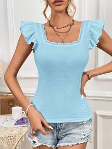 SHEIN Privé Contrast Lace Ruffle Trim Square Neck Butterfly Sleeve Tee - Baby Blue - View 7
