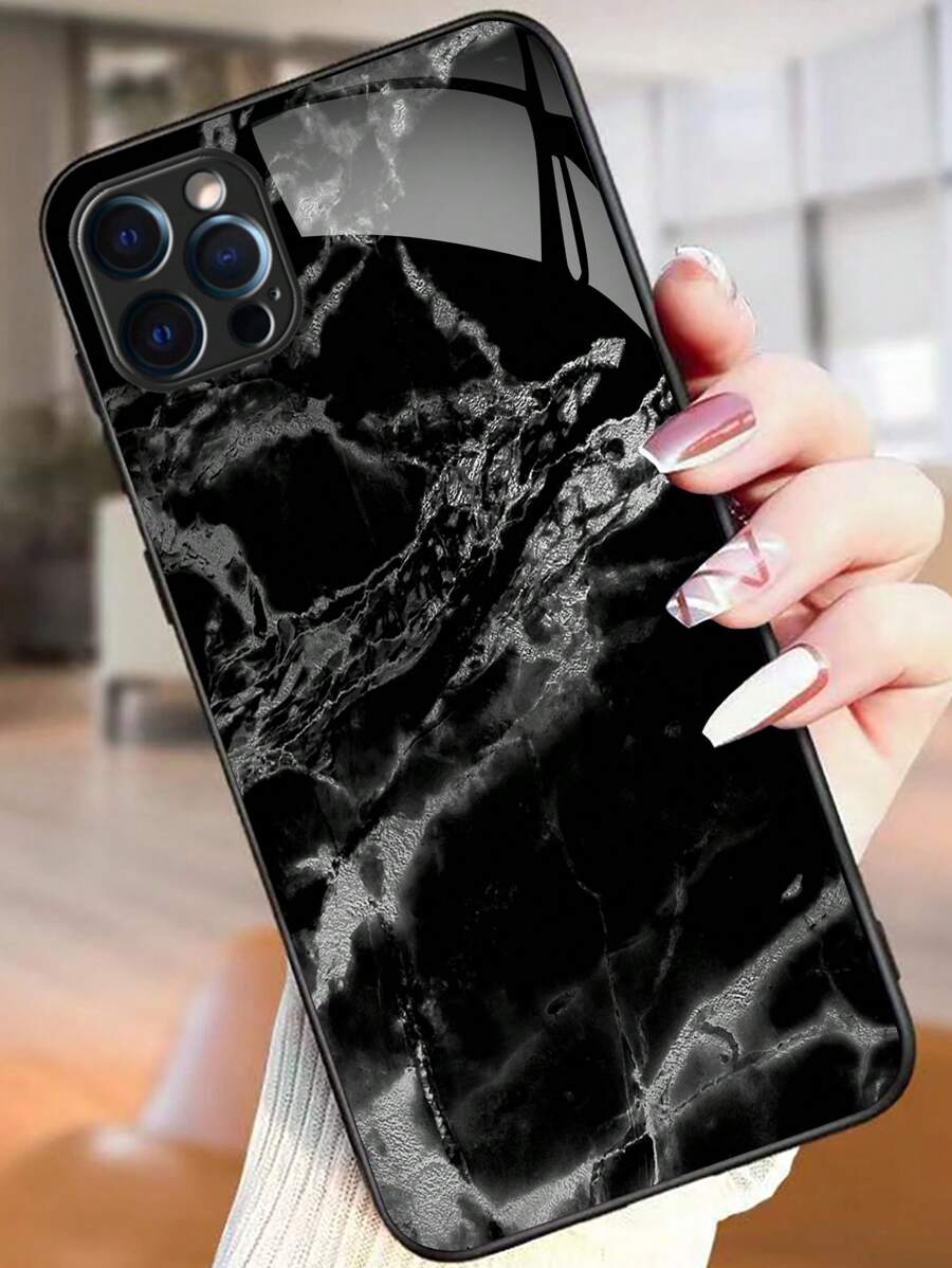 Iphone 16 Black Marble Pattern Painted Glass Phone Case Compatible With IPhone/Samsung//Redmi/OPPO/OnePlus/Infinix - Multicolor - View 1