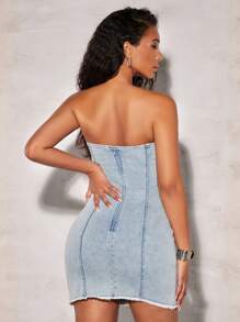SHEIN BAE Raw Hem Tube Denim Dress, Fall Women Clothes - Light Wash - View 2