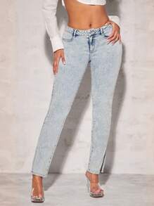 SHEIN BAE Split Hem Skinny Jeans - Light Wash - View 1