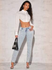 SHEIN BAE Split Hem Skinny Jeans - Light Wash - View 3