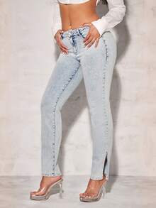 SHEIN BAE Split Hem Skinny Jeans - Light Wash - View 4