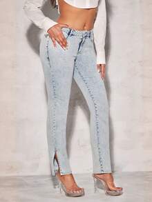 SHEIN BAE Split Hem Skinny Jeans - Light Wash - View 5