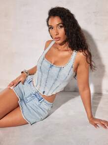 SHEIN BAE Raw Hem Denim Skort - Light Wash - View 7