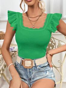 SHEIN Privé Solid Ruffle Trim Tee - Green - View 1