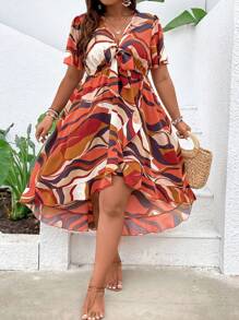 SHEIN LUNE Plus Allover Print Knot Front Ruffle Hem Dress - Multicolor - View 2