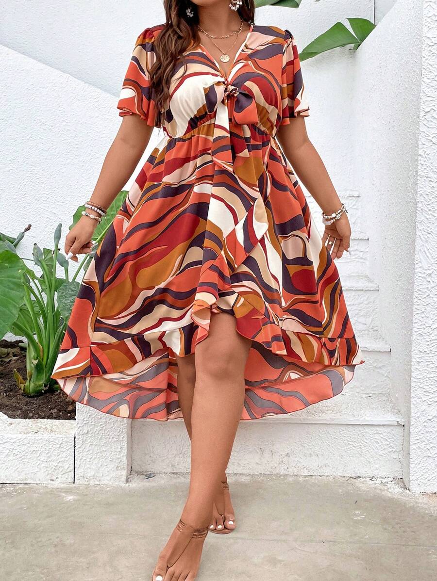 SHEIN LUNE Plus Allover Print Knot Front Ruffle Hem Dress - Multicolor - View 1
