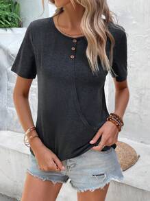 SHEIN LUNE 素色紐扣細節T恤 - 深灰色 - 查看 1