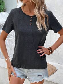 SHEIN LUNE 素色紐扣細節T恤 - 深灰色 - 查看 4