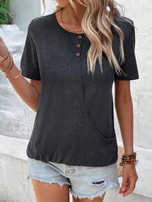 SHEIN LUNE 素色紐扣細節T恤 - 深灰色 - 查看 7