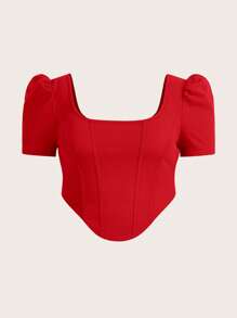 SHEIN MOD 大碼方領泡泡袖不對稱下擺短款T恤 - 紅色 - 查看 1